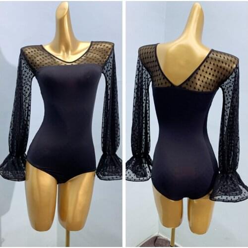Sexy Women ballroom Dance Tops Shirts Long-Sleeved Clothes Flamenco Blouses Standard Modern Practise Dancewear Black V top