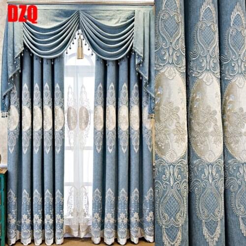 Blue European-style thick chenille living room embroidered curtain fabric bedroom blackout curtain product customization