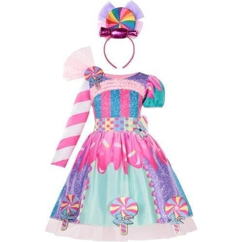 Girls Colorful Candy Dress Cute Children Clothes New Fashion Unique Design Princess Dresses Fancy Vestido With Headband Costume