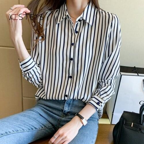 Striped Women Casual Shirts 2021 Office Lady Work Wear Blouses Single Breasted Ladies Turn-down Collar Tops Long Sleeve Clothes