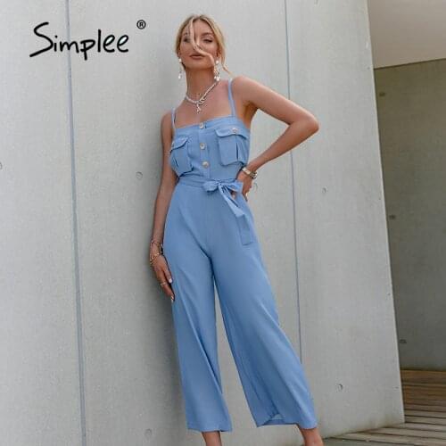 Simplee Casual Blue Summer Women jumpsuit 2021 Fashion High Street Wide-leg Button Pockets Jumpsuits Sexy Sleeveless Jumpsuit