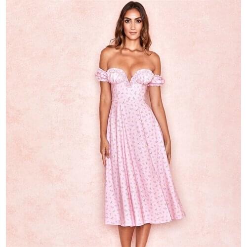 Pink Floral Print Elegant Summer Dress Women Slash Neck Off the Shoulder Split Sexy Party Midi Dress Beach Holiday Vestidos Robe