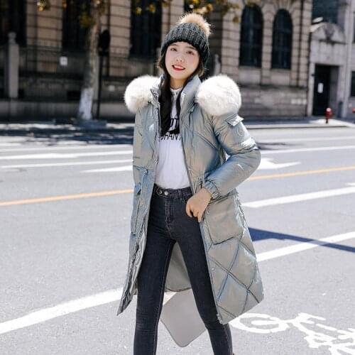 Fur Collar Hooded Winter Long Women Parkas Thicken Quilted Cotton Padded Coat for Ladies Solid Zipper Warm Glossy Cotton Jacket