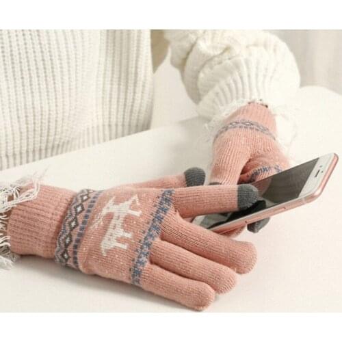 Winter Gloves Women Knitted Hand Warmer Reindeer Pattern Gloves For Girls Screen Touch Screen Gloves Female Hand Wear TKG006pink