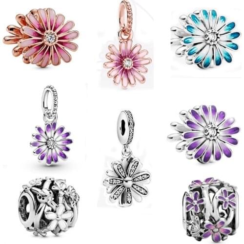 2021 New Free Shipping 925 Sterling Silver Purple Pinkl Dasiy Dangle Charm Fit Original Bracelets For Women DIY Jewelry Beads