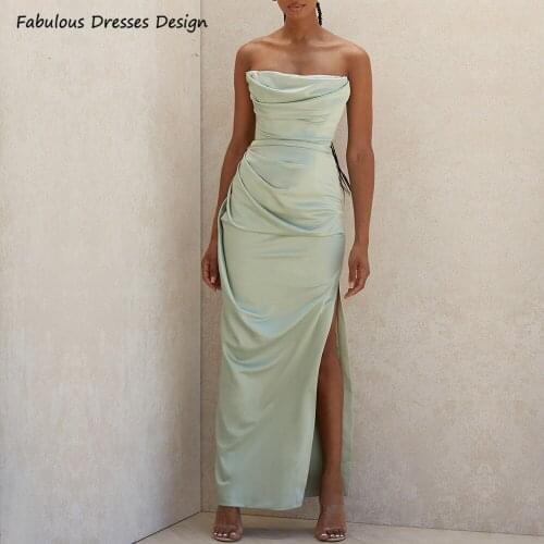 2021 Light Green Strapless Prom Dresses Mermaid Boat Neck Backless With Split Long Evening Dress Party For Women вечерние платья