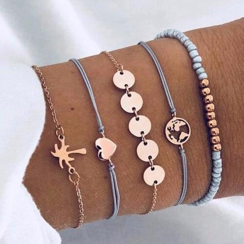 5Pcs/Set Bohemian Handmade Rope Chain Bracelet Charm Women Fashion Palm Tree Heart Sequins Beads Bracelet Jewelry