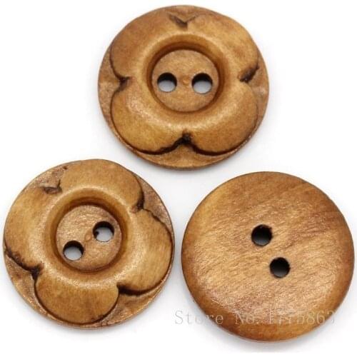 50 Pcs 20mm 2 Holes Carved Flower Wooden Round Buttons, for Sewing, Scrapbooking, Embelishments, Crafts, 7NK49