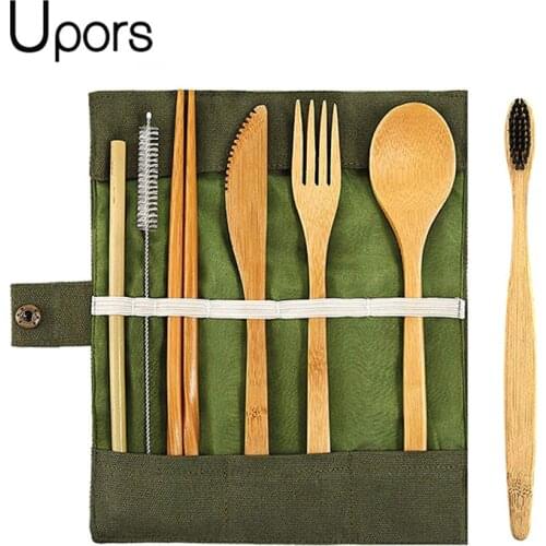 UPORS 8Pcs Reusable Travel Bamboo Cutlery Set with Case Portable Utensil Set Tableware Bamboo Fork Spoon Knife Set for Kids