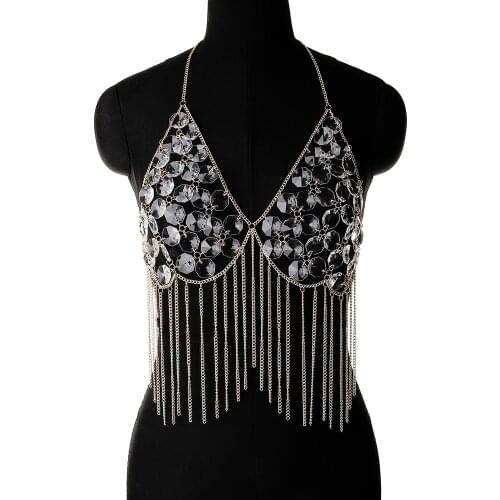Acrylic Decoration Tassel Halter Bra Chain Womens New Sexy Chest Chain Gothic Body Chain Fashion Nightclub Body Chain Jewelry