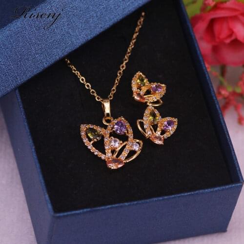 Butterfly Square Rose Gold Jewelry For Women Stud Earrings Necklace Set Bridal Jewelry Factory Outlet