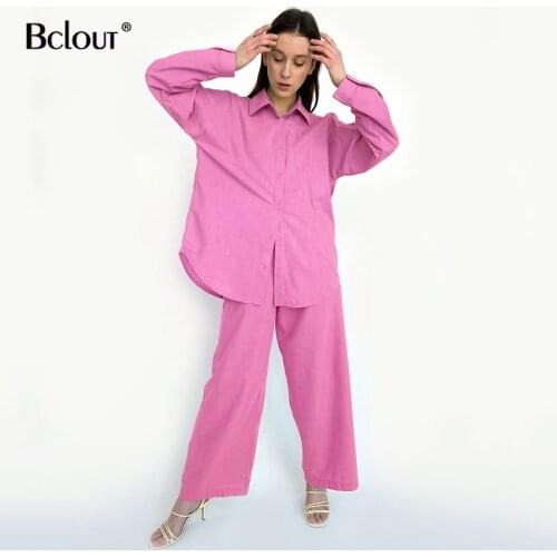 Bclout Casual Single Breasted Shirts Lace-Up Wide Leg Pants Women Set Summer Loose Long Sleeve Blouses Trouser Thin Suit Female
