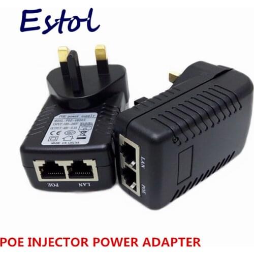 Free shipping DC48V 0.5A 10/100Mbps PoE Injector Power Over Ethernet Adapter,pin 4/5(+),7/8(-),UK plug,3 Square pins