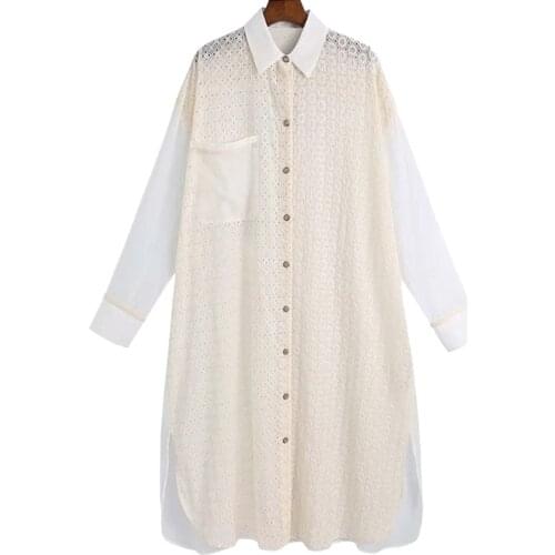 2021 New Women Fashion Patchwork Cutwork Embroidery Oversized Blouses Vintage Long Sleeve Pockets Female Shirts Chic Tops