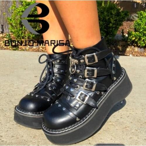 BONJOMARISA Big Size 43 Platform Wedges Lace Up Zipper Ankle Boots Punk Cool Street Chunky Heart Decor Trendy Motorcycle Boots