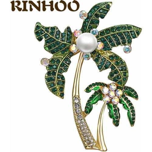 RINHOO Summer Style Coconut Tree Brooch Green Rhinestone Pearl Brooch Badge Scarf Plants Pins Overseas Beach Popular Jewelry