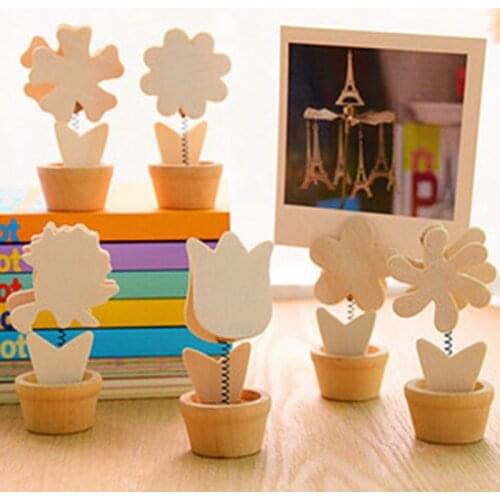 Original Color Flower Pot Shape Wooden Memo Label Holder Cards Decoration Stationery Crafts Photos Clamp Holder