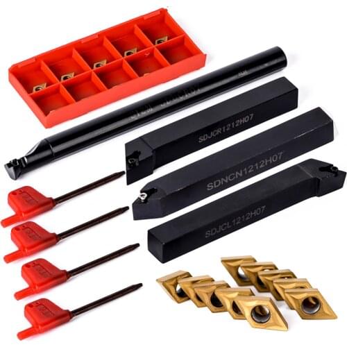 4Pcs/Set 12mm CNC Lathe Turning Tool Holder Durable Boring Bar + 10pcs DCMT070204 Carbide Inserts + 4pcs Wrench
