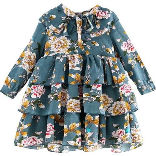 Kids Drsses for Girls Party Dress Flowers Printed Birthday Layered Dresses Children Casual Wear 3-7 Yrs