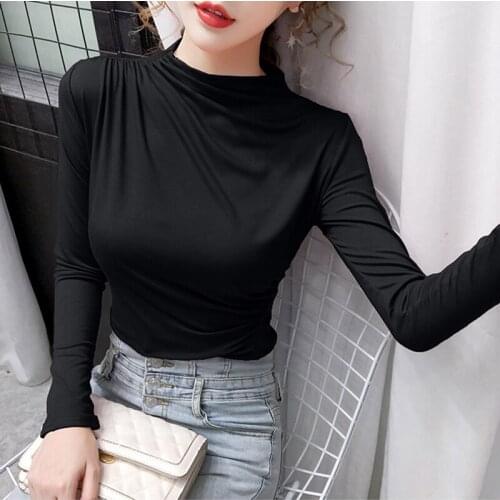 Long Sleeve 2021 T Shirt Women Autumn Tops Folds Slim T-Shirt Female Korean Cotton Tshirt Woman Clothes Tee Shirt Femme
