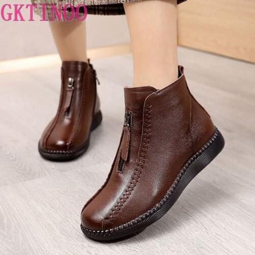 GKTINOO Winter Genuine Leather Ankle Boots Handmade Lady Soft Flat Shoes Comfortable Casual Moccasins Side Zip Ankle Boots