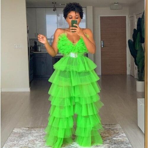 Trendy Neon Green Tulle Women Jumpsuit 2020 Bodysuit For Women Ruffles Tiered Tulle Summer Clothing Ropa Mujer