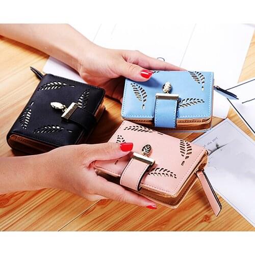 Fashion Womens Wallet Female Short Wallets Hollow Leave Pouch Handbag for Women Coin PU Leather Purses Card Holder