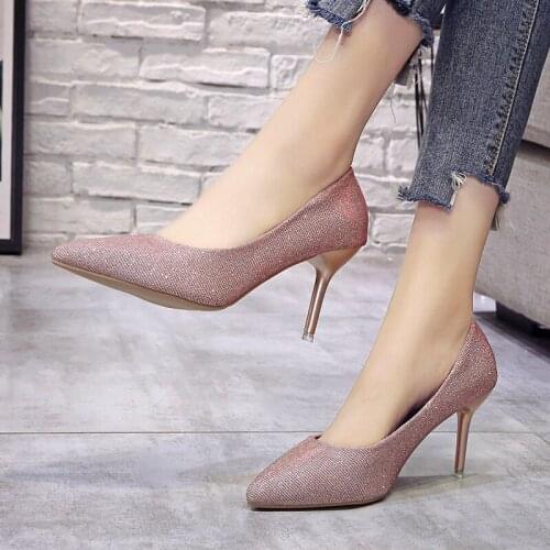 2020 spring and autumn new ladies high heels sequins luxury pointed high quality mature wild fashion Light womens shoes W27-05