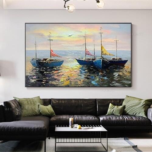 Handmade Sailing Boat Landscape Oil Painting On Canvas Wall Art Picture Paintings Large Salon Office Home Decoration Unframed