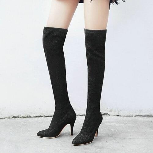 Sexy Womens Shoes Stretch Fabric Over the Knee Boots Stiletto Round Toe Womens Winter High Boots Short Plush Lining Warm Boots