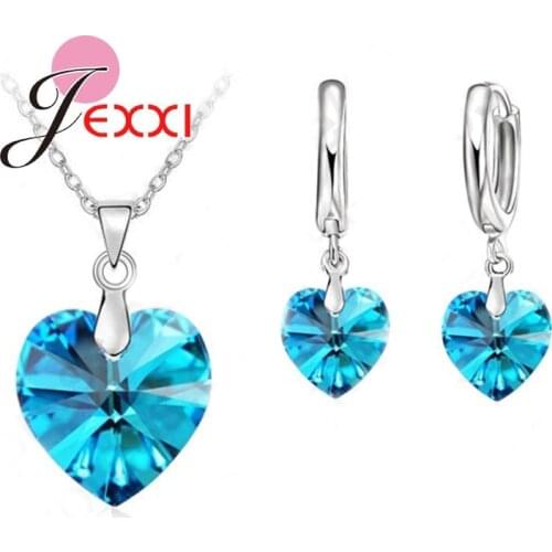 Romantic 925 Sterling Silver Blue Cubic Zircon Heart Shape Pendant Women Wedding Jewelry Sets