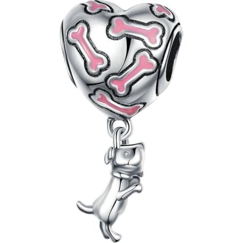 Pink Enamel Bone Heart Hot Air Balloon Pendant DIY Fit Original Pandora Charms Bracelet Women Puppy Dog Beads for Jewelry Making
