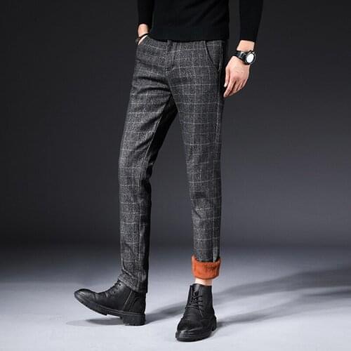 Plaid Fleece Warm Mens Formal Winter Dress Pants Velvet Business Suit Pants Men Cotton Slim Elastic Trousers For Men