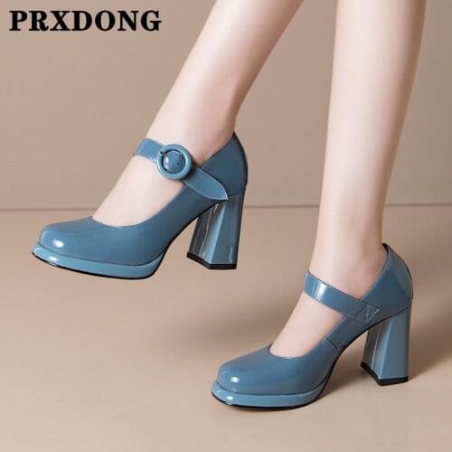 Women Shoes 2021 New Arrives Genuine Leather Square High Heels Platform Shoes Woman Retro Mary Janes Dress Party Wedding Shoes