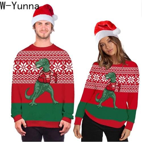 W-Yunna Christmas Couplewear Sweatshirt Dinosaur Print O-neck Loose Causal Harajuku Gothic Winter Sweatshirt Red Sudadera Mujer