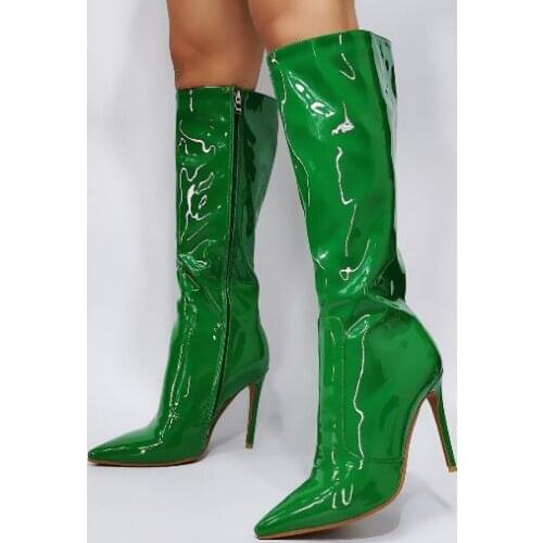New Green Patent Leather Pointed Toe Knee High Boots Winter Woman Stiletto Heels Zipper High Heel Long Boots Drop Shipping