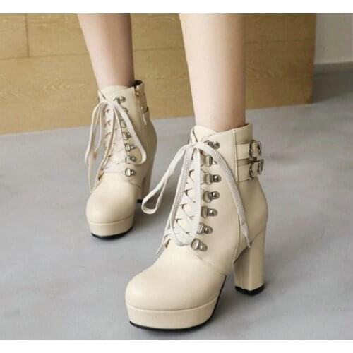 ZawsThia Winter Warm Womens Shoes Comfort Round Toe Lace-up Pink White Block High Heels Platform Ankle Boots Woman Big Size 48