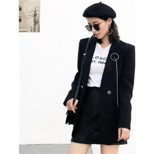 Black Blazers Women jacket New Autumn new small suit chain brooch casual retro loose black long blazer women