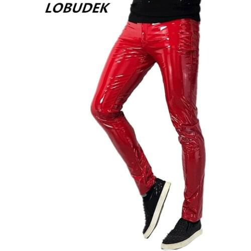 Red Black Skinny Stretch Leather Pants Tide Male Hip Hop Rock Singer Dancer Motorcycle Leather Trousers Nightclub Stage Wear