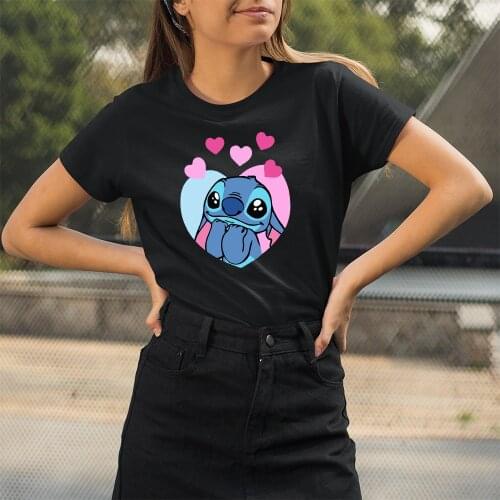 Disney Summer New Women T-shirts Kawaii Dropship Black White Lilo & Stitch Cartoon Fashion Casual T Shirts Female Trend Harajuku