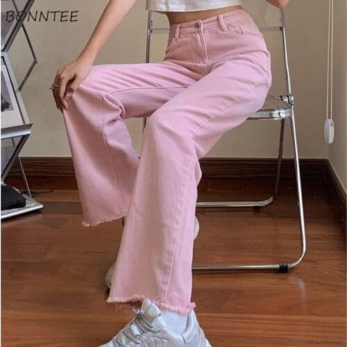 Jeans Women Pink Girls Korean Style Ripped Retro Fashion BF Solid All-match Stylish Wide-leg Full-length Trousers Empire Femme