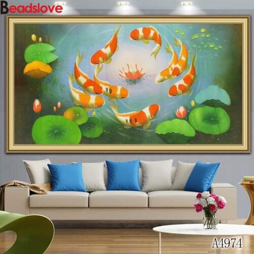 Chinese Abstract Nine Koi Fish Lotus diy Diamond Painting Cross Stitch Diamond Embroidery Picture Of Rhinestones Kits Fengshui