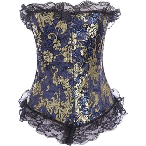 Burlesque Corset Latex Waist Corsets Shapewear Bustier Gothic Steampunk Corselet Cincher Boned Lace Gold Floral