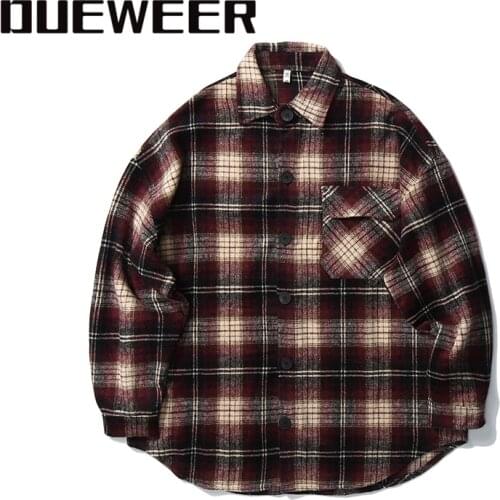 Dueweer Colorblock Lattice Jackets Shirts Hip Hop Woollen Plaid Shirt Oversized Men Striped Jacket Outwear Autumn Winter