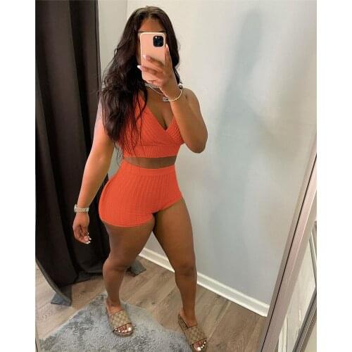 Summer Two Pieces Yoga Sets Women’s Casual Sportswear Solid Color Deep V Crop Tank Tops and Tight Shorts Gym Fitness Workout Set