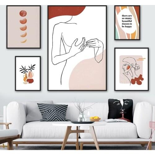 Line Girl Moon Leaf Vase Quote Abstract Wall Art Canvas Painting Nordic Posters And Prints Wall Pictures For Living Room Decor