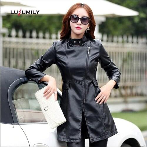 Lusumily Autumn Winter Plus Size 5XL Leather Jacket Women Fashion Slim High Quality PU Motorcycle Leather Coat Long Jacket Femal