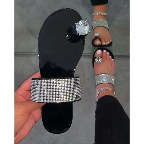 2020 Summer New Womans Slippers Flat Sandals Rhinestones Outdoor Comfortable Beach Shoes Solid Color Plus Size 41