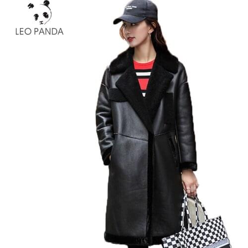 New Fashion Spring Woman Warm Thicken Hidden discount Long sleeves V-Neck Pockets Loose Coat Female Real leather coat CY517