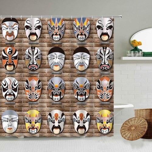 Peking Opera Facial Makeup Chinese Characteristics Cultural Mask Shower Curtain Antique Brick Wall Background Waterproof Screen